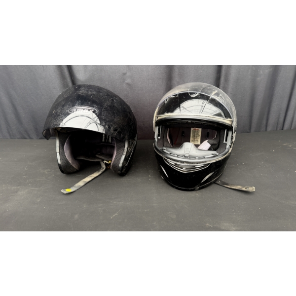 2 MOTORCYCLE HELMETS WITH VISORS,ONE WITH PULL DOWN SUNGLASSES