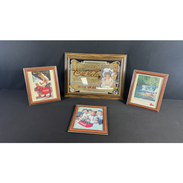 3 FRAMED COKE PRINTS & MIRRORED SIGN 22" X 16"