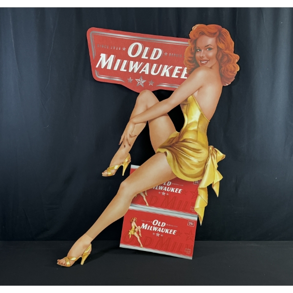 DOUBLE-SIDED VINTAGE OLD MILWAUKEE BEER GIRL SIGN 55  X 28 