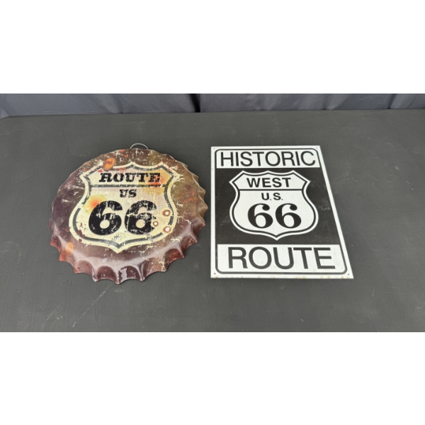 ROUTE 66 METAL SIGN AND ROUTE 66 BOTTLE CAPS SIGN 16"