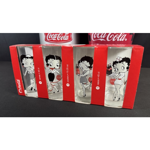 COCA-COLA & BETTY BOOP GLASSWARE, TUMBLER TIN & ICE BUCKET SET