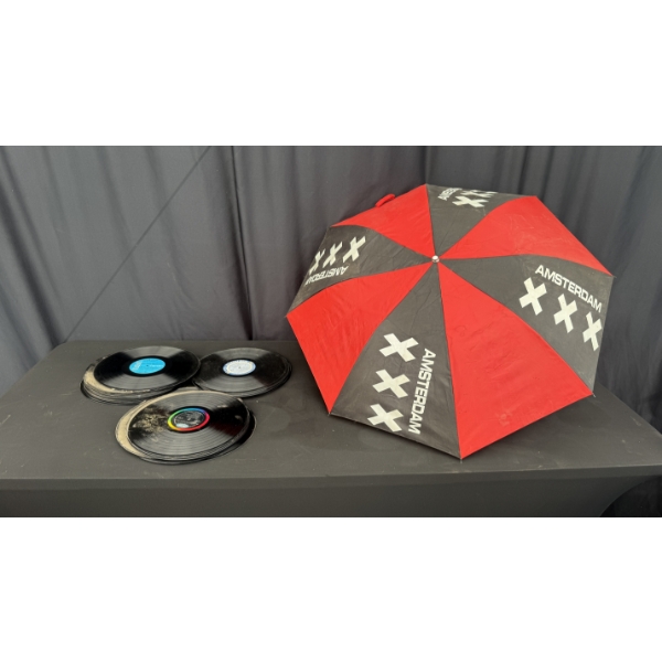 COLLECTION OF VINTAGE LPs AND AMSTERDAM UMBRELLA