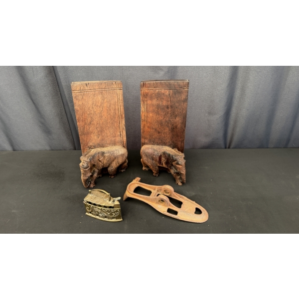 WOODEN ELEPHANT BOOKENDS AND ANTIQUE IRON