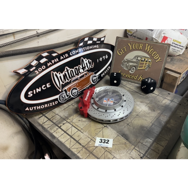Vintage Air Sign, Permatex Clock, Fuzzy Dice