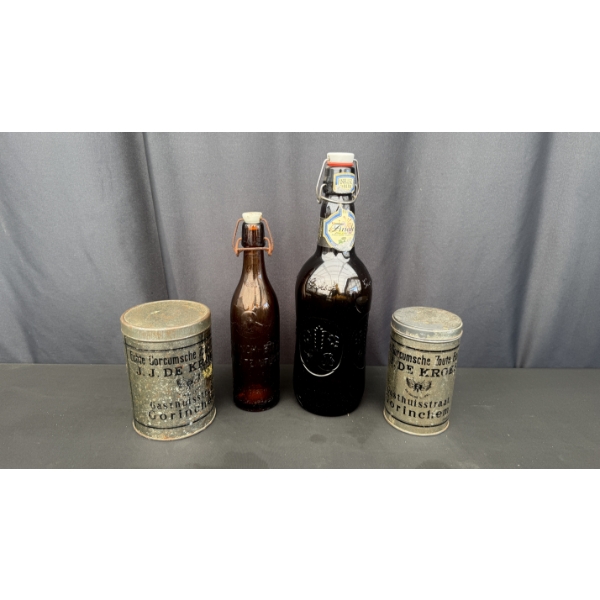 2 VINTAGE CANDY TINS AND SWING TOP BOTTLES