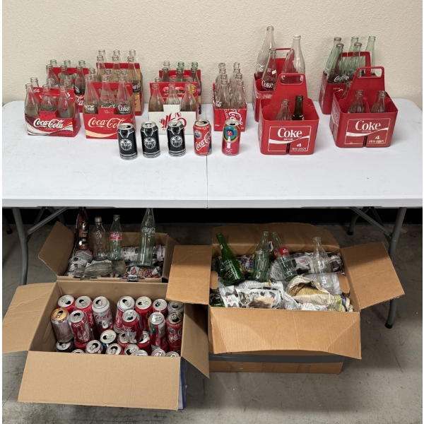 COCA-COLA EMPTY BOTTLES & CANS W/ PLASTIC CRATES