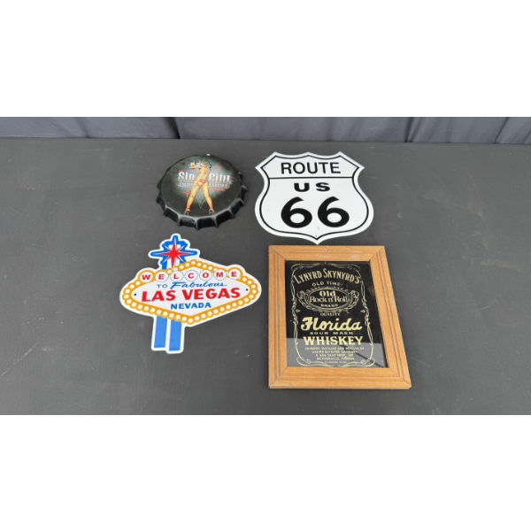 4 MISC SMALL SIGNS INCLUDES SIN CITY BOTTLE CAP SIGN