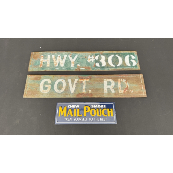 2 ANTIQUE HIGHWAY SIGNS 24" X 5" AND SMALL METAL MAIL POUCH SIGN 
