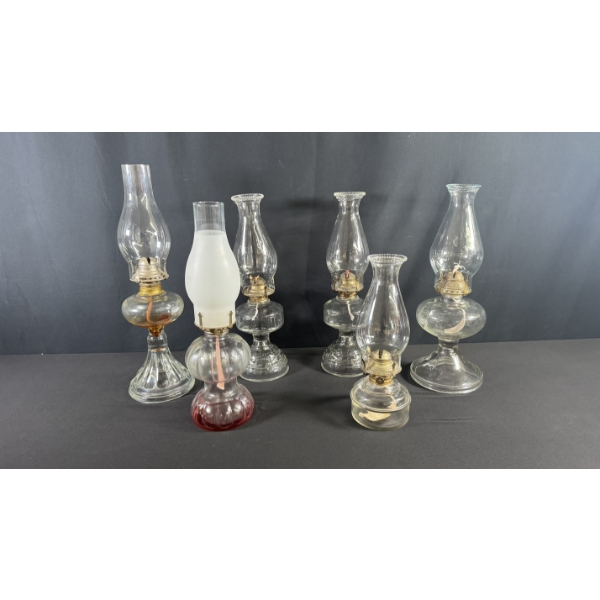 6 VINTAGE GLASS OIL LAMPS