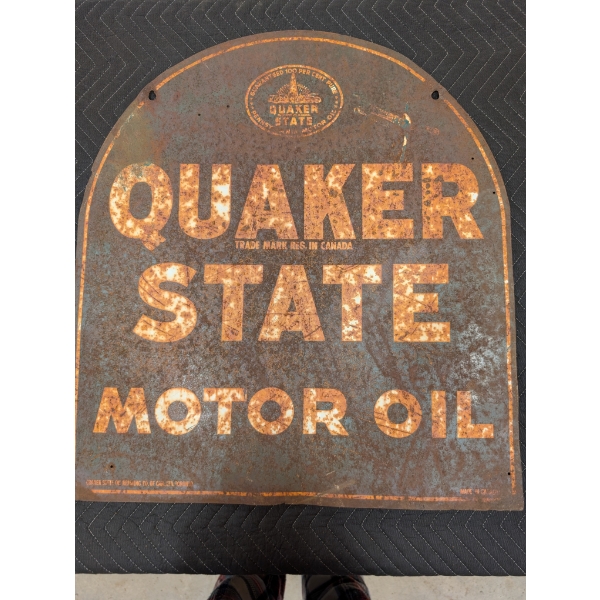 QUAKER STATE HEAVY PAINTED METAL TOMBSTONE HANGING SIGN