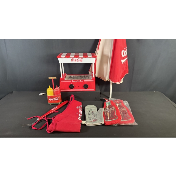 COCA-COLA HOT DOG ROLLER W/ BUN WARMER, UMBRELLA, & BBQ GEAR
