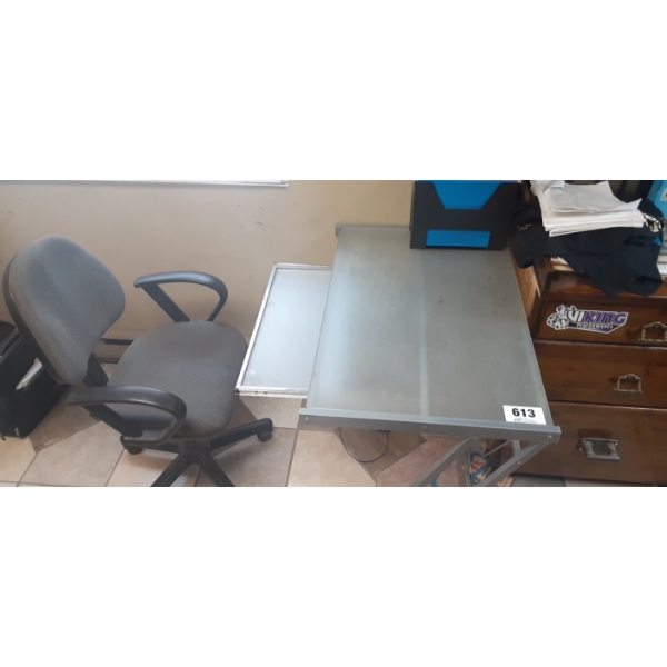 Glass & Metal Desk with Sliding Keyboard Shelf. Comes with chair
