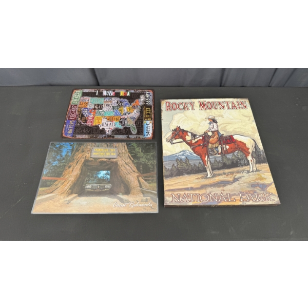 2 METAL SIGNS AND 1 CANVAS PRINT OF ROCKY MTN NATIONAL PARK 16" X 12 "
