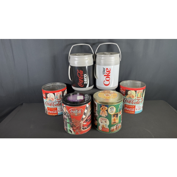 ASSORTED LARGE COCA-COLA COOLERS & TINS