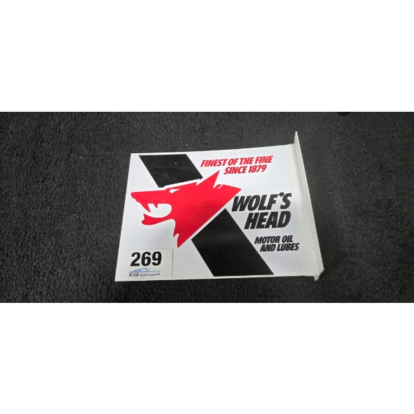 NO RESERVE WOLF'S HEAD MOTOR OIL FLANGE SIGN 13" X 10" NEW OLD STOCK