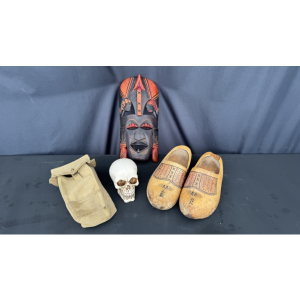 CLOGS, TIKI MASK, SKULL, SATCHEL