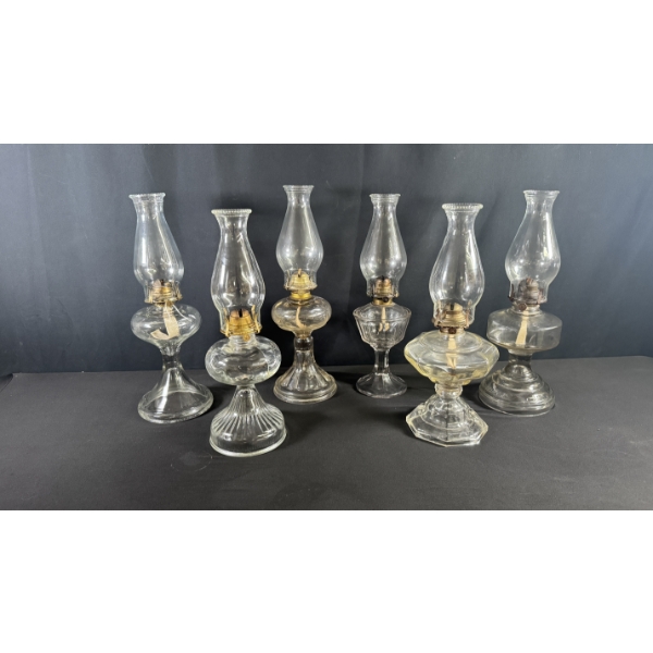 6 VINTAGE GLASS OIL LAMPS