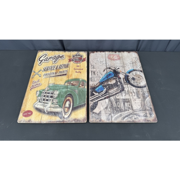 2 WOODEN SIGNS 24" X 16 " GARAGE SERVICE AND REPAIR