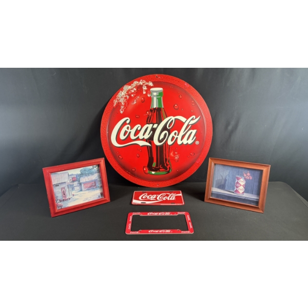 LARGE DOUBLE-SIDED COKE/SPRITE SIGN 28" DIAMETER, FRAMED PRINTS & LICENSE PLATE W/ COVER