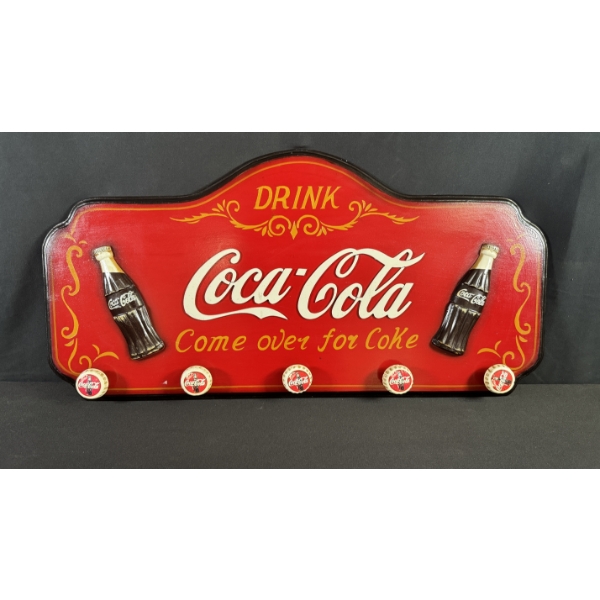 VINTAGE COCA-COLA WOODEN WALL PLAQUE W/ BOTTLECAP HOOKS 31" X 16"
