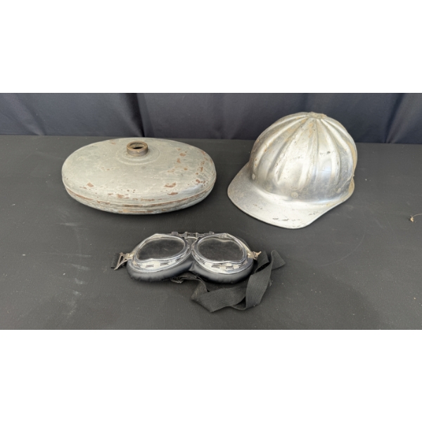 VINTAGE GOOGLES,HARD HAT AND FUEL CONTAINER
