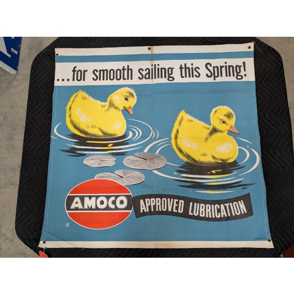 1940s NEW OLD STOCK AMOCO APPROVED LUBRICANTS CANVAS DEALER SIGN