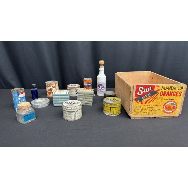 VINTAGE TINS, MEDICINE BOXES, BOTTLES & WOODEN ORANGES CRATE