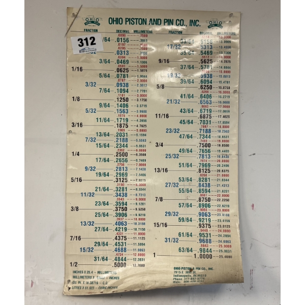 Vintage Reference Chart from Ohio Piston & Pin Co