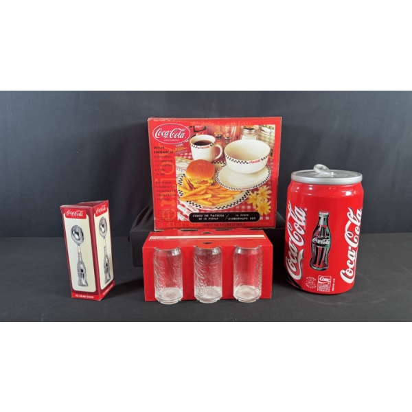 COCA-COLA DINNERWARE, COOKIE JAR, GLASS SET & ICE CREAM SCOOP