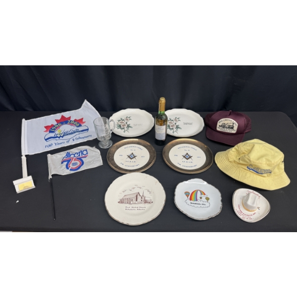 WETASKIWIN & ALBERTA MEMORABILIA (COMMEMORATIVE PLATES, HATS, FLAGS)