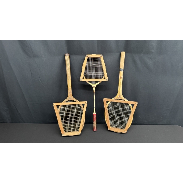 VINTAGE WOODEN TENNIS RACQUETS & BADMINTON RACQUET W/ PRESS FRAMES