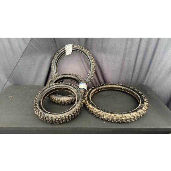 4 MOTORCROSS TIRES 2 AT SIZE  80/100-12    1 AT 70/100-17 AND 1 AT 70/100-18