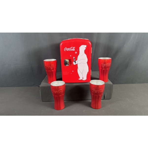 COCA-COLA POAR BEAR MINI FRIDGE & RED ALUMINUM CUPS